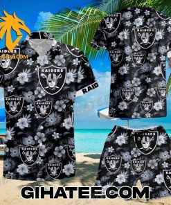 BW Las Vegas Raiders Logo Pattern Hibiscus Tropical Flower Hawaiian Shirt And Shorts Set