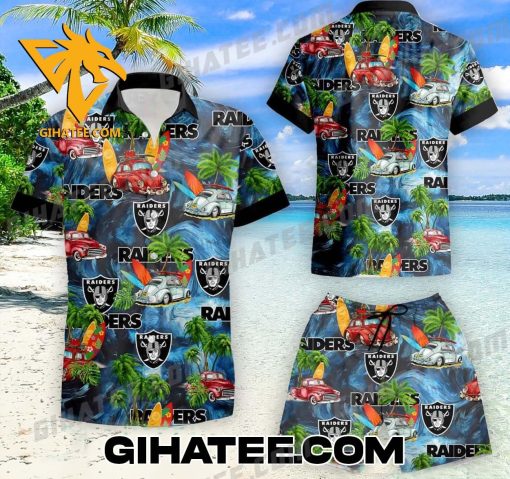 Colorful Summer Beach Car Coconut X Oakland Raiders Hawaiian Shirt And Shorts