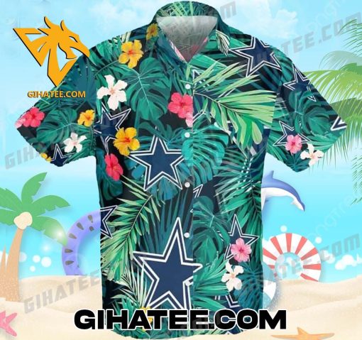 Dallas Cowboys Logo Pattern Tropical Leaf Flower Hawaiian Shirt And Shorts Beach