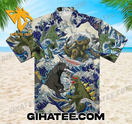 Godzilla Surfing Summer Beach Hawaiian Shirt And Shorts Set