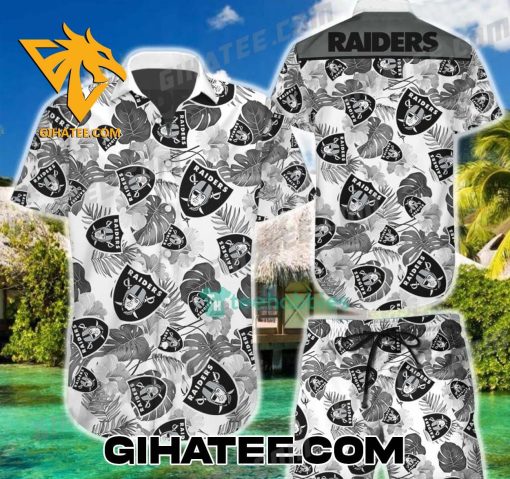 Las Vegas Raiders Leaf Tropical Black And White Hawaiian Shirt And Beach Shorts