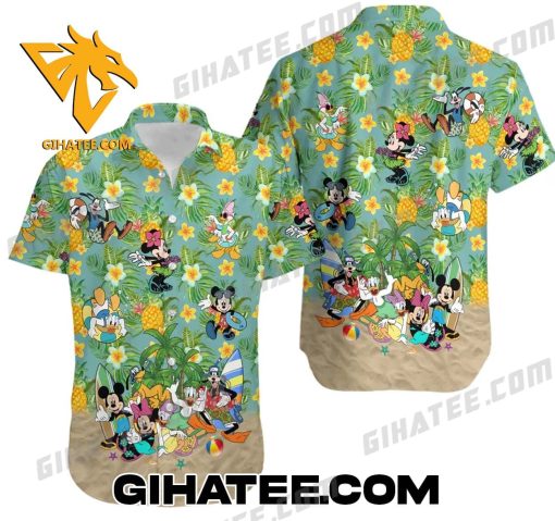 Mickey Mouse And Friends Surfing Tropical Forest Pineapple Hawaiian Shirts And Shorts Matching