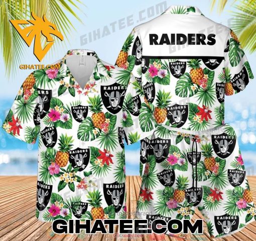 Oakland Raiders Pineapple Tropical Forest Hawaiian Shirt And Shorts Combo