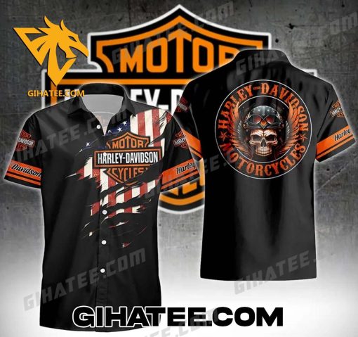 Official Ripped American Flag Harley-Davidson Skull Hawaiian Shirt and Shorts Sets