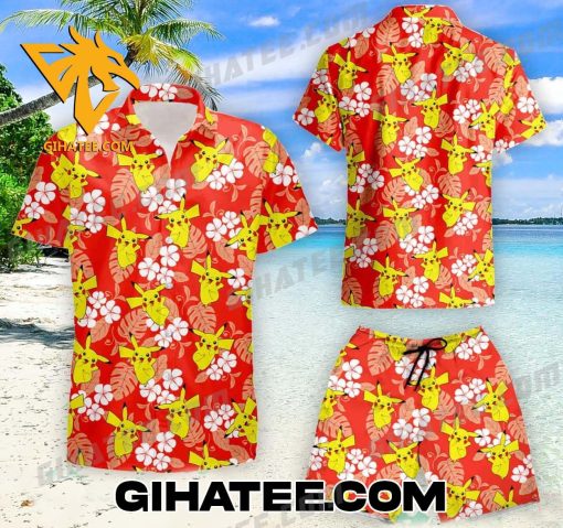 Pikachu Pattern Tropical Forest Flower Leaf Pokemon Hawaiian Shirts And Shorts Matching