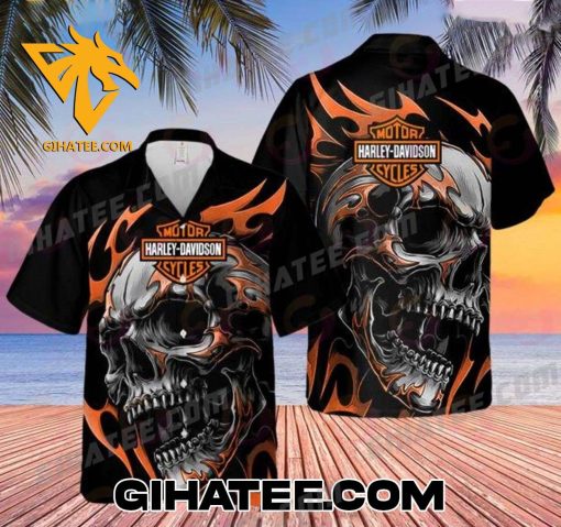 Skull Fire Harley Davidson Logo Hawaiian Shirt and Shorts Sets