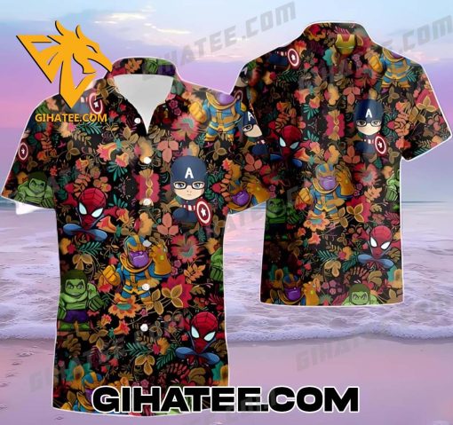 Spider Man Thanos Hulk Captain America X Tropical Forest Marvel Hawaiian Shirts And Shorts Matching