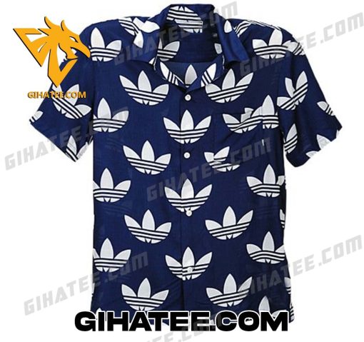 Adidas Logo Pattern Hawaiian Shirt And Shorts Navy Color