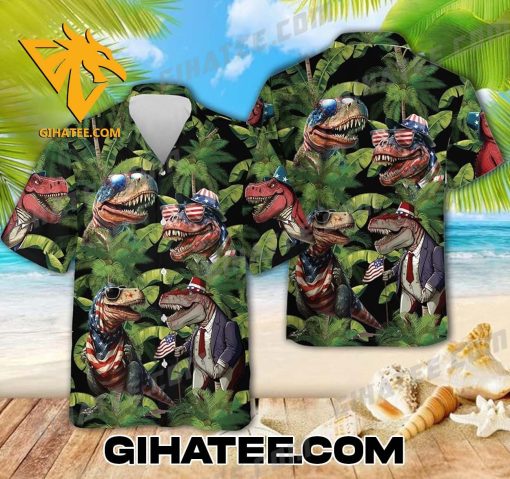 American Flag Dinosaur Hawaiian Shirt And Beach Shorts