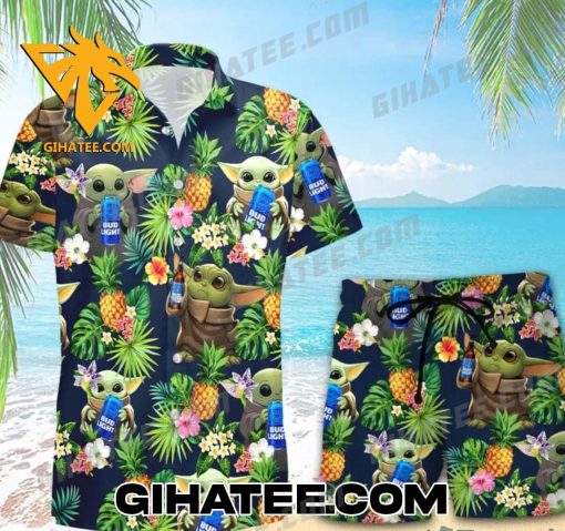 Baby Yoda Loves Bud Light Beer Hawaiian Shirt Set