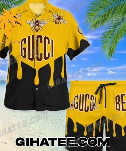 Bee Honey Gucci Hawaiian Shirt And Beach Shorts Black Yellow Color