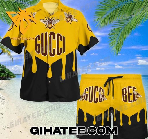 Bee Honey Gucci Hawaiian Shirt And Beach Shorts Black Yellow Color