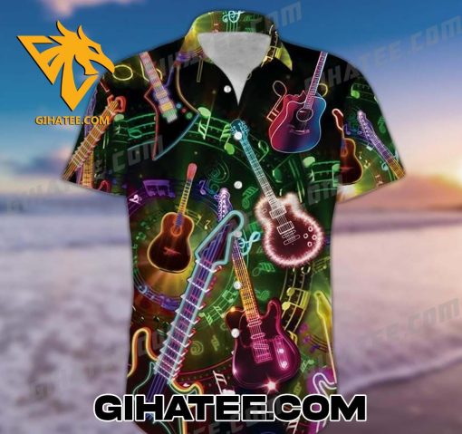 Colorful Neon Guitar Hawaiian Shirt And Shorts Set