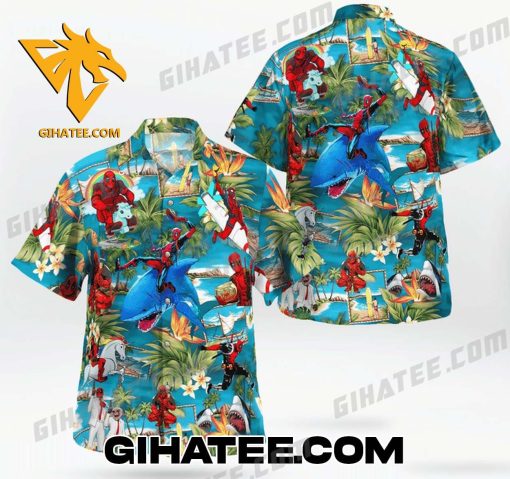 Deadpool Shark Hibiscus Tropical Forest Hawaiian Shirt And Shorts Set