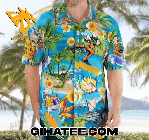 Funny Dragon Ball Rick And Morty Surfing Hawaiian Shirt And Shorts Set