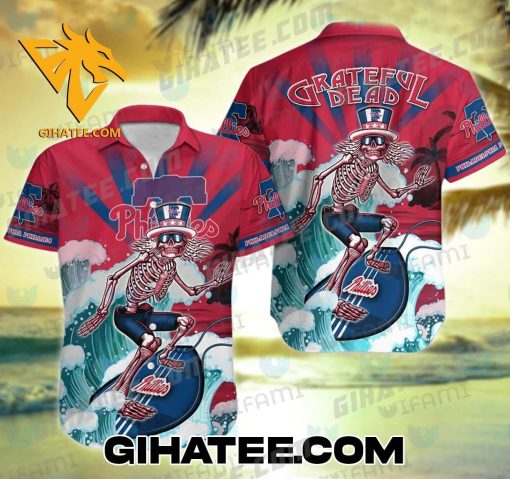 Grateful Dead Skeleton Surfing Philadelphia Phillies Hawaiian Shirt Set