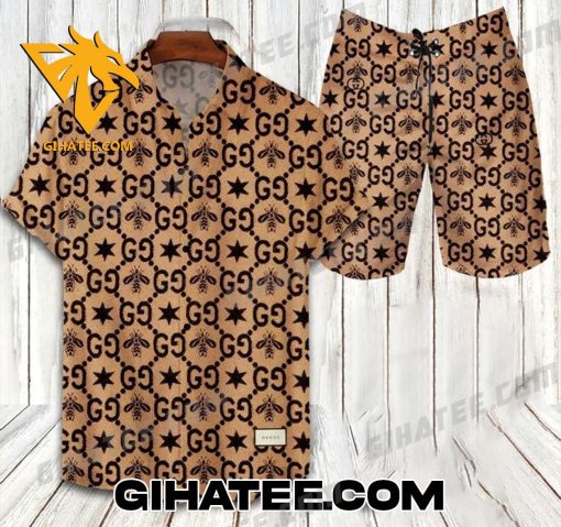 Gucci Bee Star Brown Black Hawaiian Shirt Set