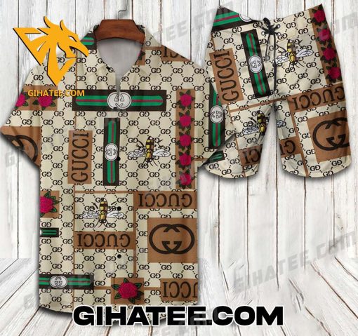 Gucci Logo Pattern Bee Rose Hawaiian Shirt And Shorts