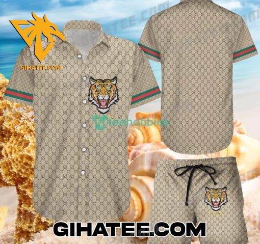 Gucci Tiger Hawaiian Shirt And Shorts Brown Color