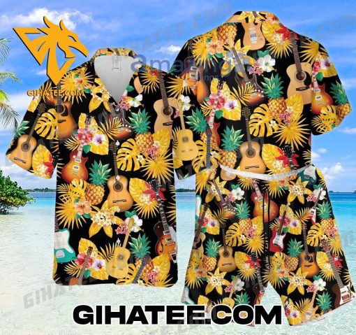 Guitar Tropical Pineapple Hawaiian Shirt Shorts Black Yellow Color