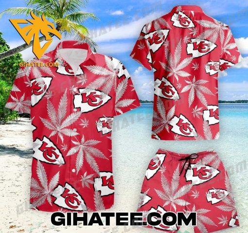 Kansas City Chiefs Cannabis Leaves Background Hawaiian Shirt And Beach Shorts