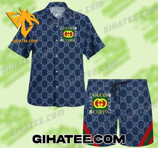 Luxury Gucci Logo Hawaiian Shirt Shorts Navy Color