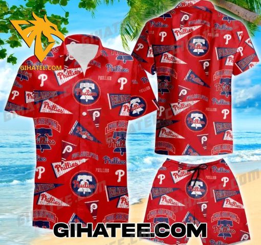 MLB Philadelphia Phillies Logo Pattern Red Color Hawaiian Shirt And Shorts Combo