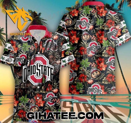 Ohio State Buckeyes Floral Cannabis Leaves Hawaiian Shirt And Beach Shorts