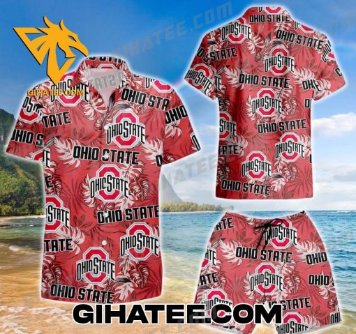 Ohio State Logo Pattern Palm Leaves Hawaiian Shirt And Shorts