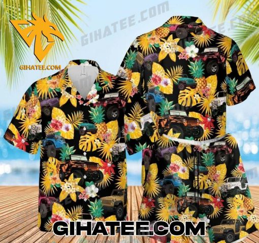 Quality Jeep Pineapple Flowers Black Yellow Hawaiian Shirt And Shorts Set