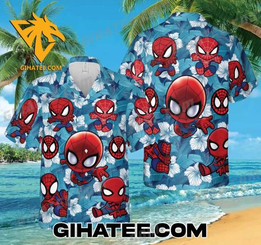 Spiderman Chibi Pattern Tropical Flower Hawaiian Shirt And Shorts Combo