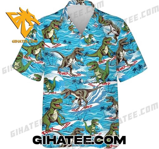 T-Rex Surfing Dinosaur Hawaiian Shirt And Shorts Set