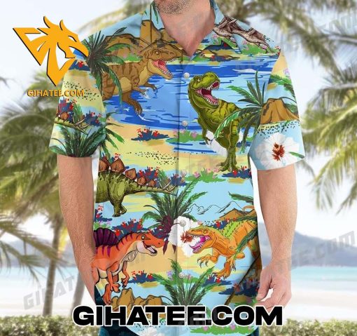 Tyrannosaurus Summer Beach Dinosaur Hawaiian Shirt And Shorts Set